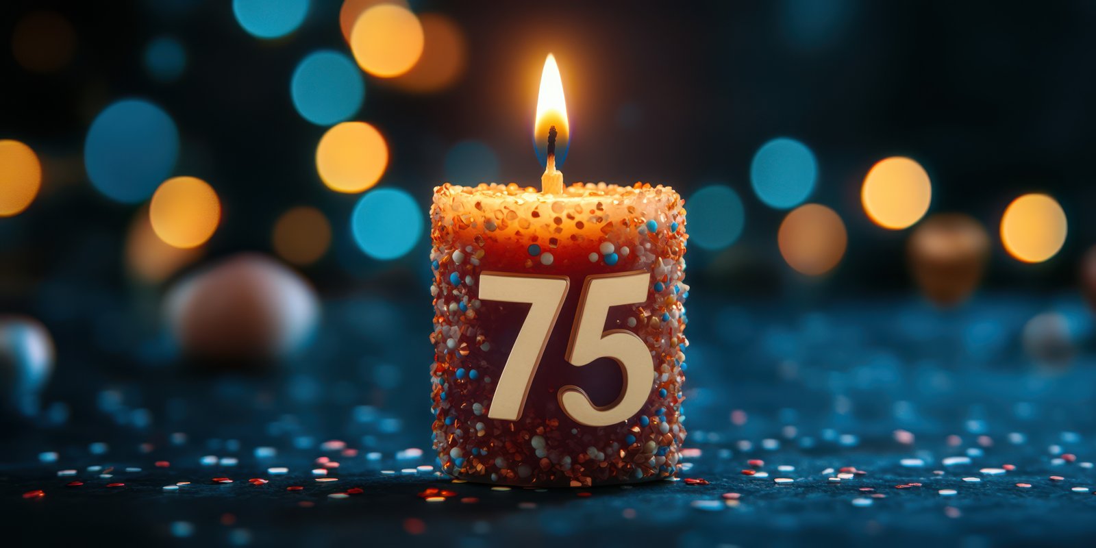 Colorful candle marks a special 75th birthday celebration with soft lighting and festive decorations